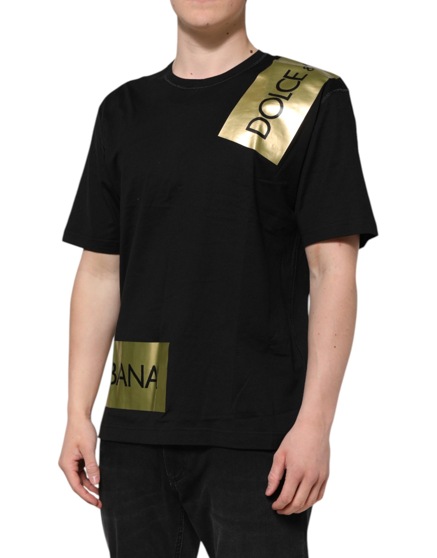 Dolce & Gabbana Black Logo Tape Cotton Men Crew Neck T-shirt Dolce & Gabbana