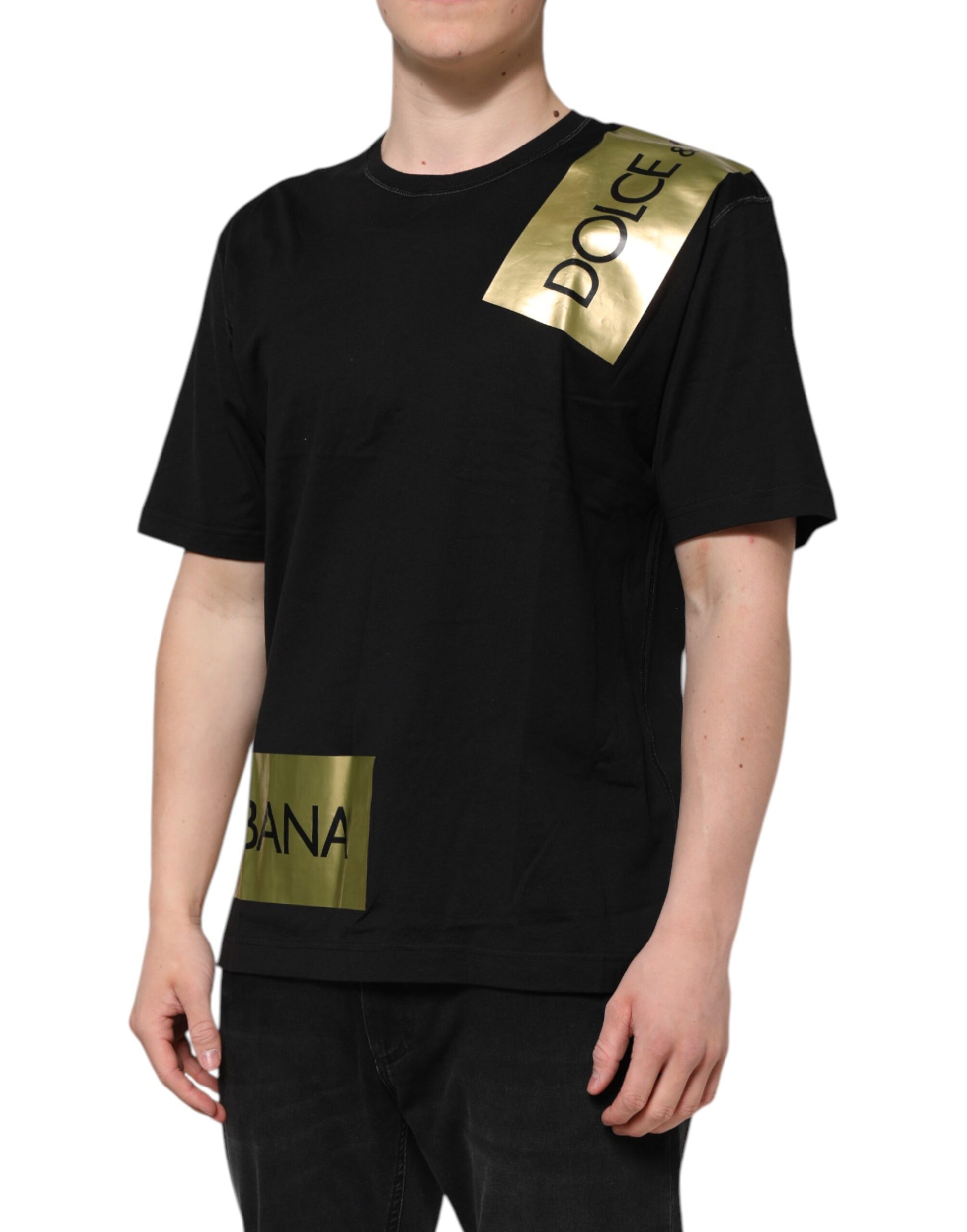 Dolce & Gabbana Black Logo Tape Cotton Men Crew Neck T-shirt Dolce & Gabbana