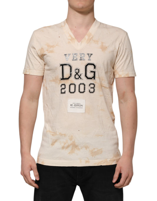 Dolce & Gabbana Beige Logo Print Short Sleeve V-neck T-shirt Dolce & Gabbana