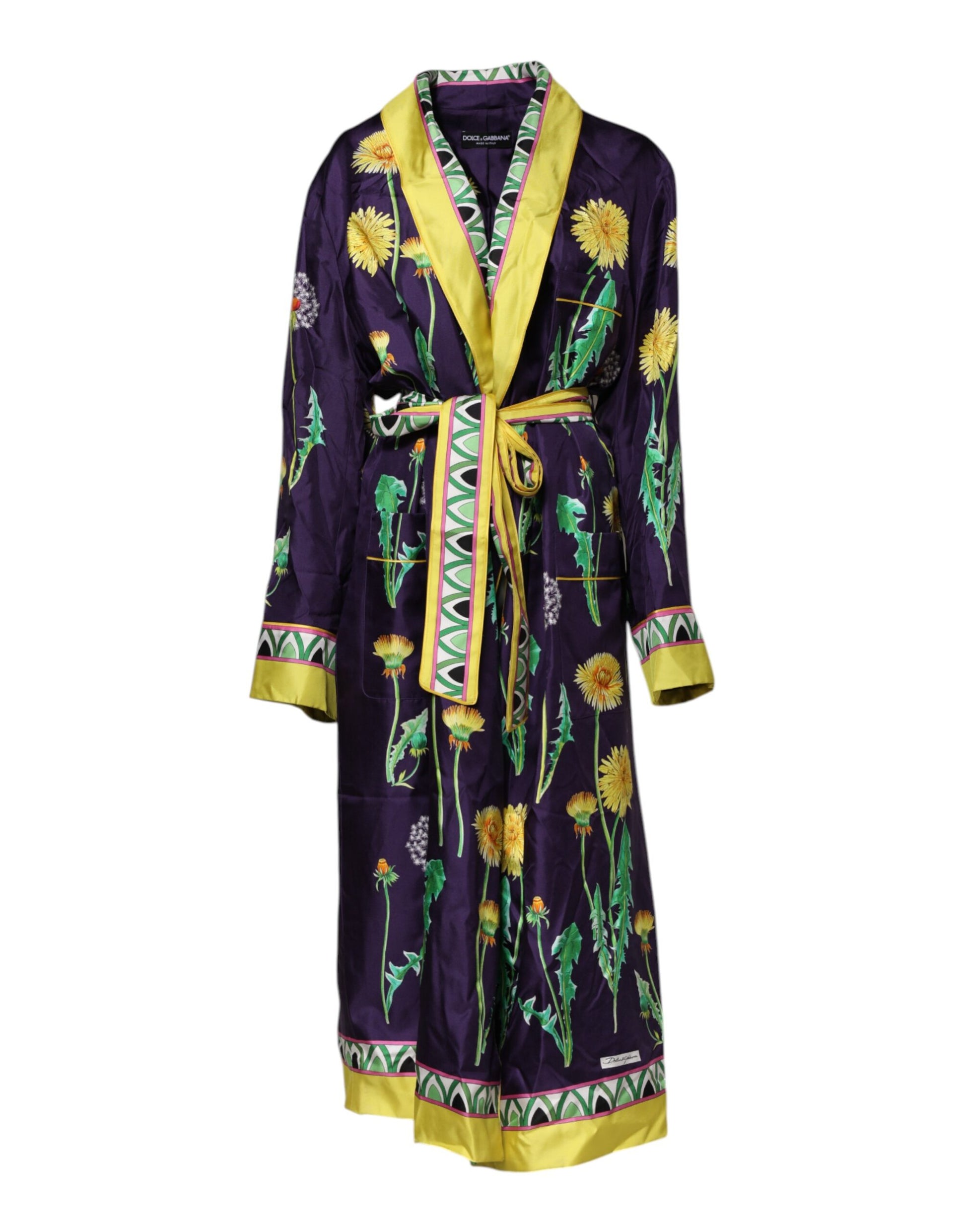 Dolce & Gabbana Blue Floral Print Silk Long Sleeves Wrap Robe Dolce & Gabbana