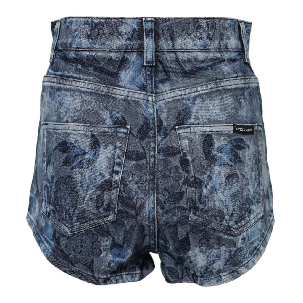 Dolce & Gabbana Blue Floral Print Denim Cotton Hot Pants Shorts