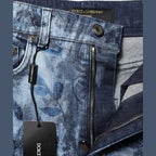 Dolce & Gabbana Blue Floral Print Denim Cotton Hot Pants Shorts