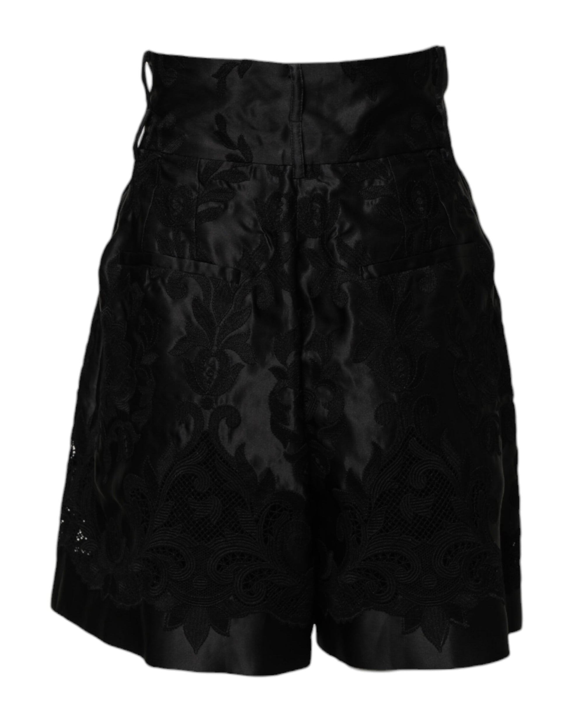 Dolce & Gabbana Black Floral Embroidery Silk High Waist Shorts Dolce & Gabbana