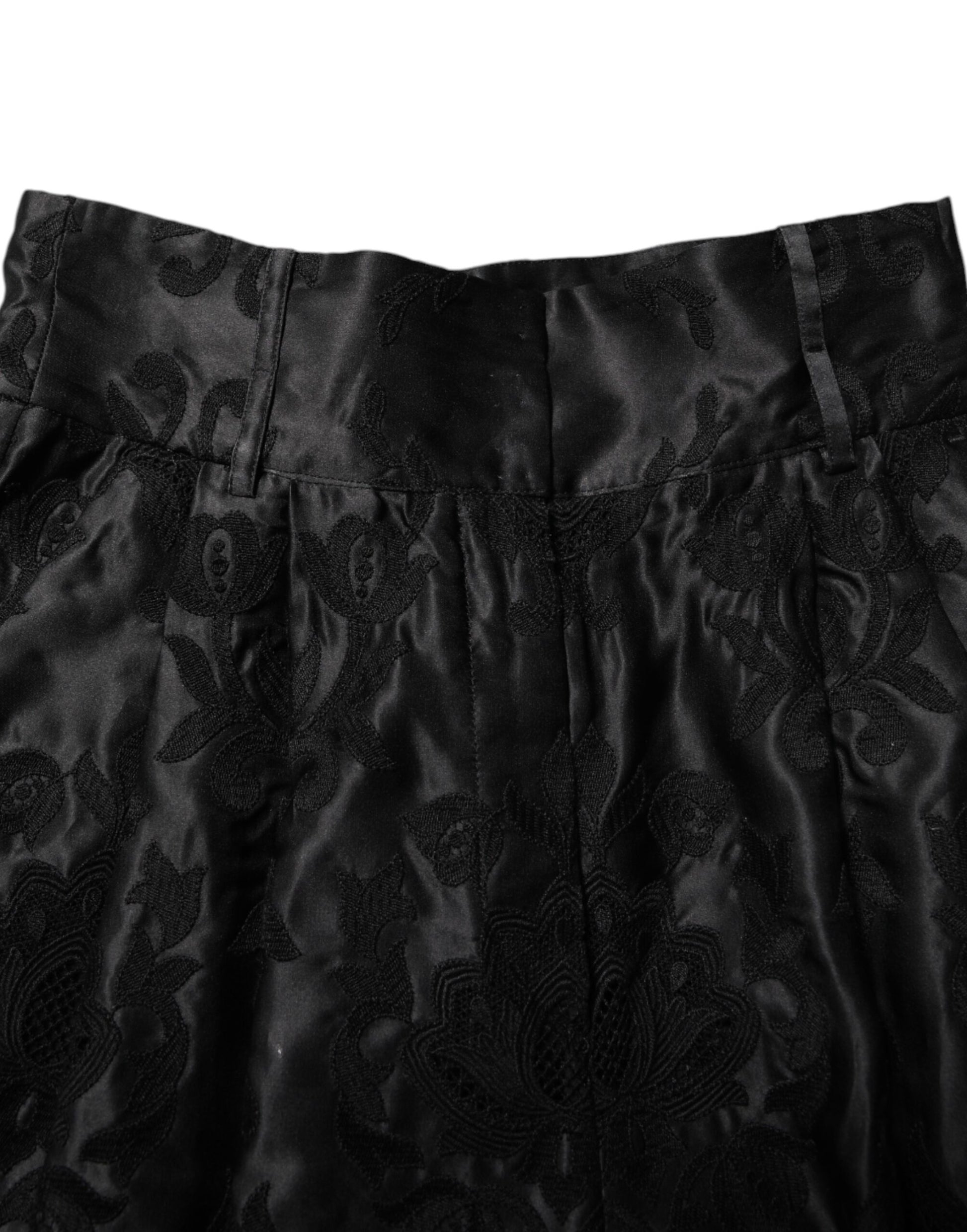 Dolce & Gabbana Black Floral Embroidery Silk High Waist Shorts Dolce & Gabbana
