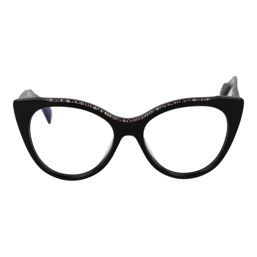 Yohji Yamamoto black plastic eyeglass frames with sleek design and modern style, shown in a close-up image.