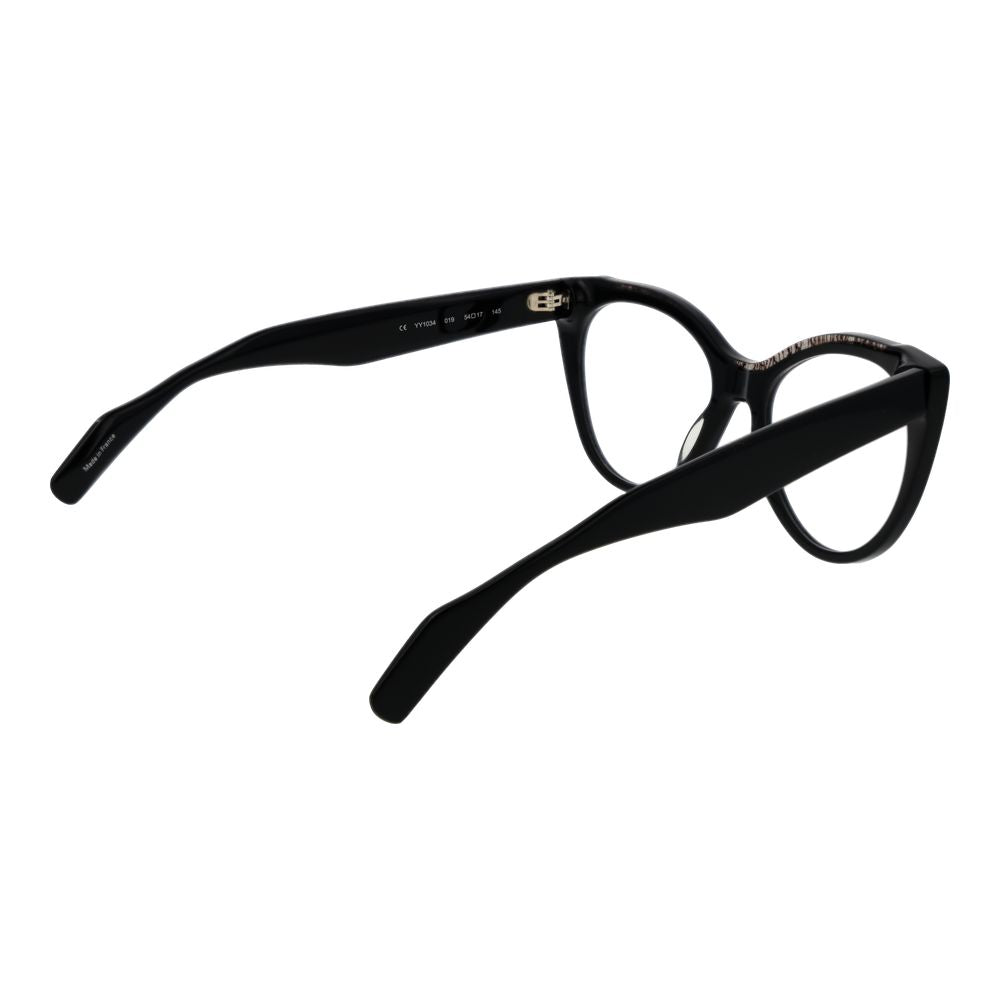 Yohji Yamamoto black plastic eyeglass frames, modern and stylish glasses with sleek design, close-up view of the frames.