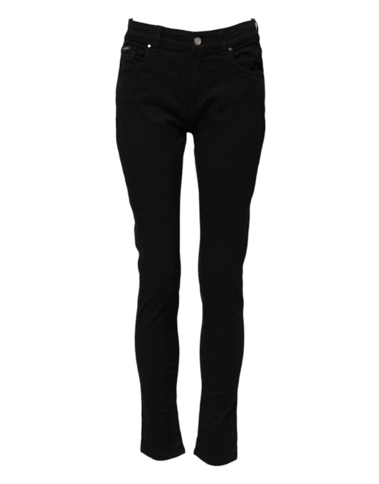 Dolce & Gabbana Black Cotton Logo Skinny Mid Waist Denim Jeans Dolce & Gabbana