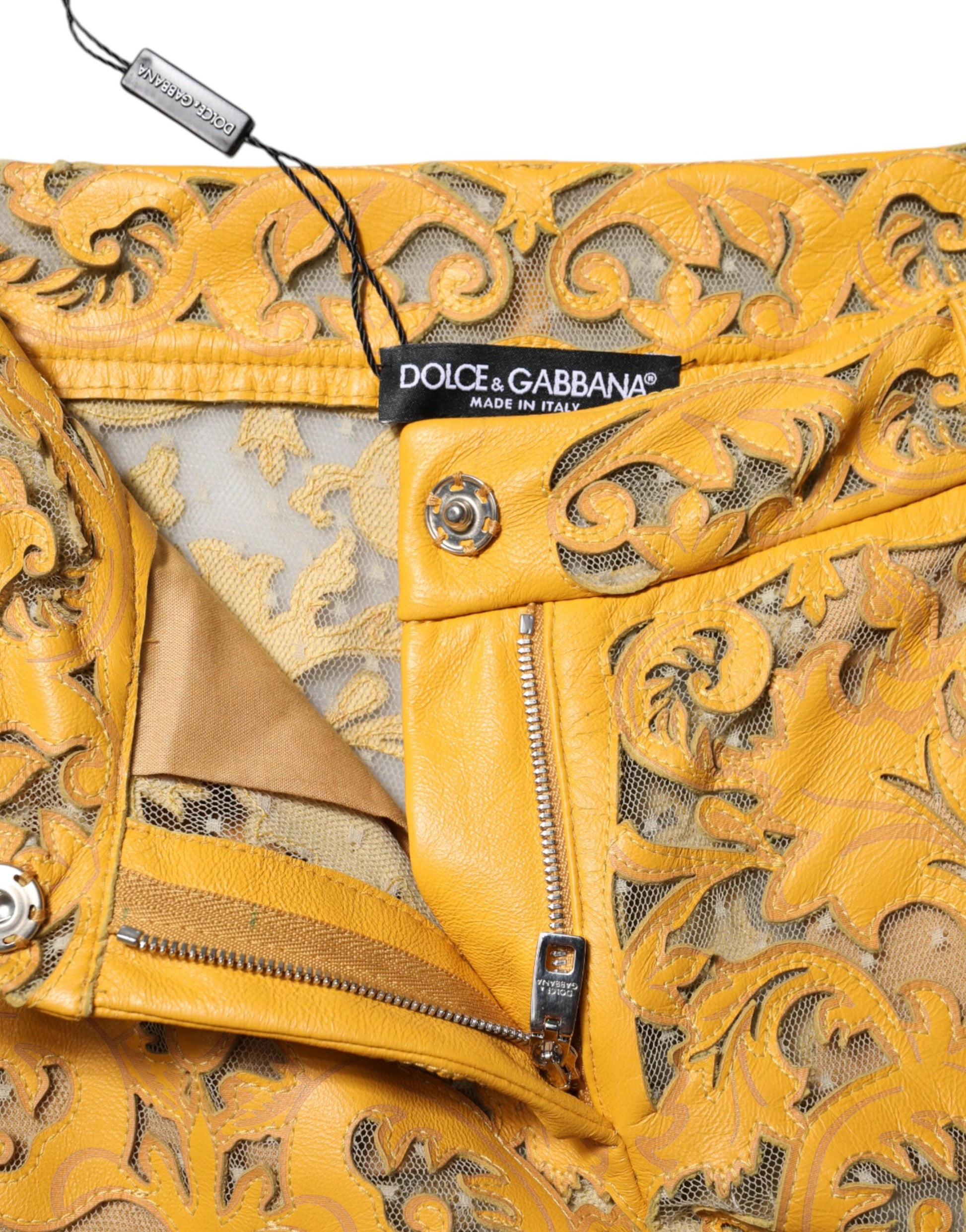Dolce & Gabbana Yellow Floral Lace Mid Waist Capri Pants Dolce & Gabbana