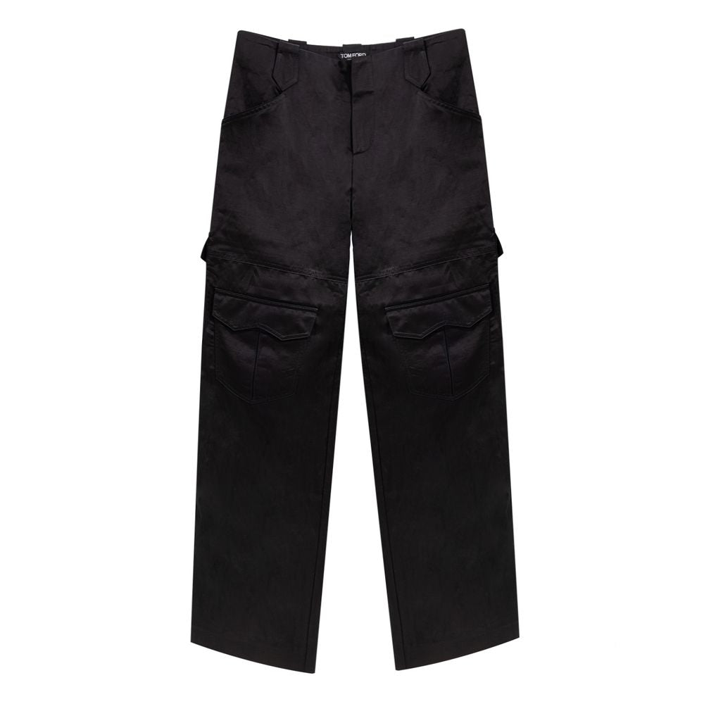 Tom Ford black viscose cargo pants with multiple pockets and relaxed fit, shown on a model against a neutral background.