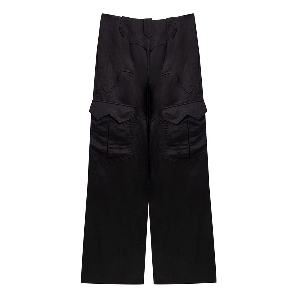 Tom Ford black viscose cargo pants with multiple pockets and relaxed fit, shown on a model.