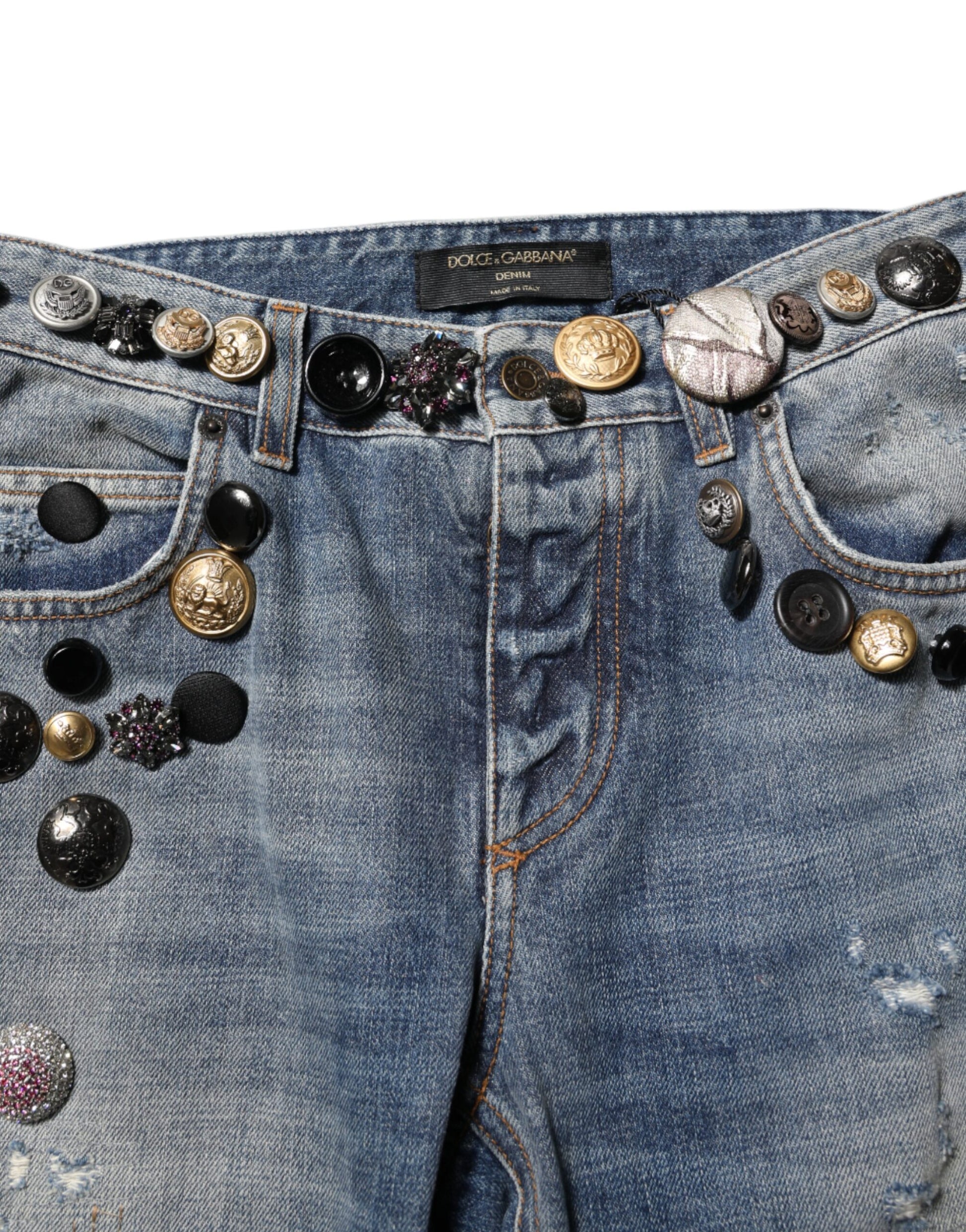 Dolce & Gabbana Blue Embellished Tattered SkinnyDenim Jeans Dolce & Gabbana