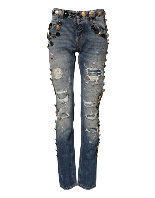 Dolce & Gabbana Blue Embellished Tattered SkinnyDenim Jeans Dolce & Gabbana