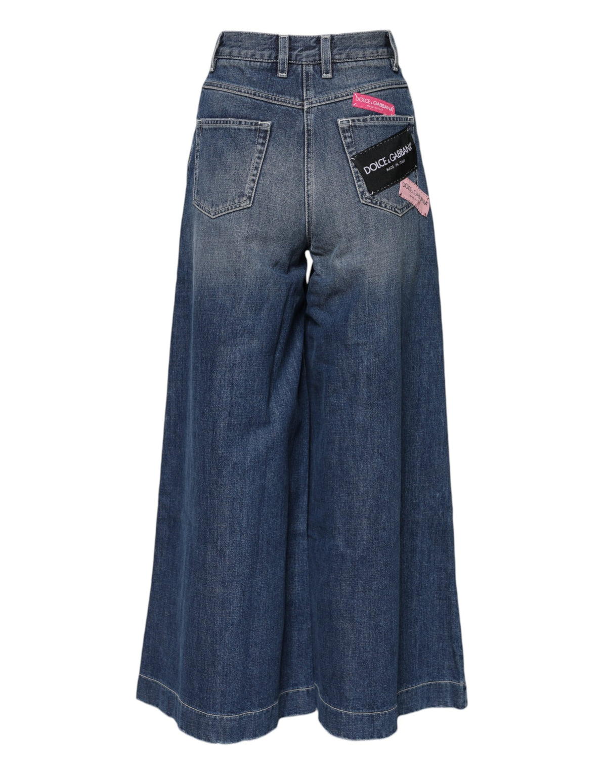 Dolce & Gabbana blue cotton high-waist wide-leg denim jeans displayed on a model. Classic, stylish, and comfortable fit.