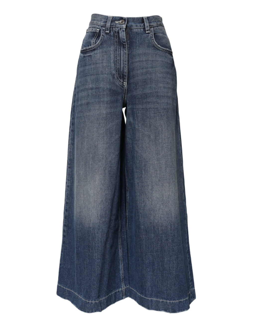 Dolce & Gabbana blue cotton high waist wide-leg denim jeans with classic five-pocket design and belt loops.