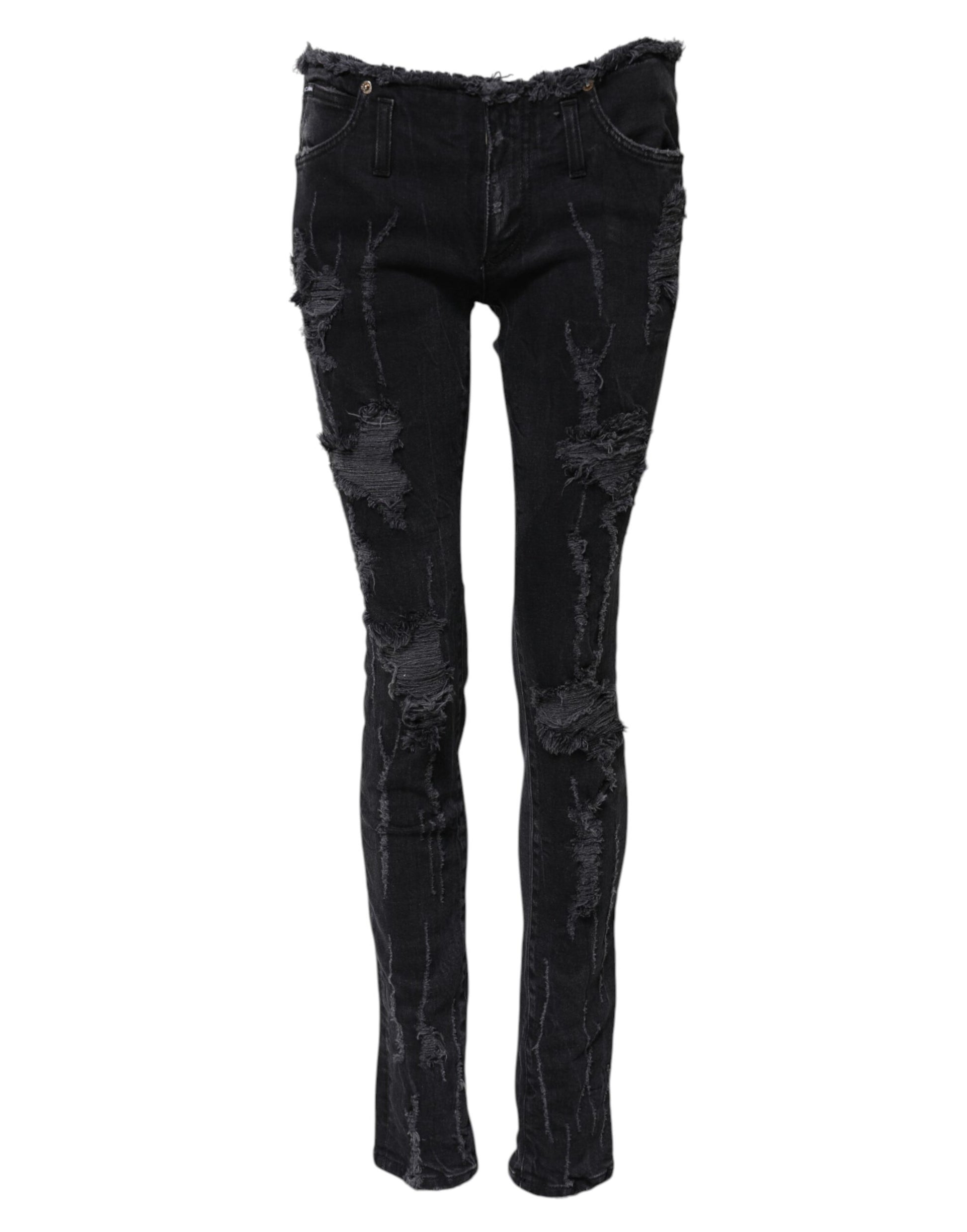 Dolce & Gabbana Black Cotton Tattered Skinny Denim Jeans Dolce & Gabbana