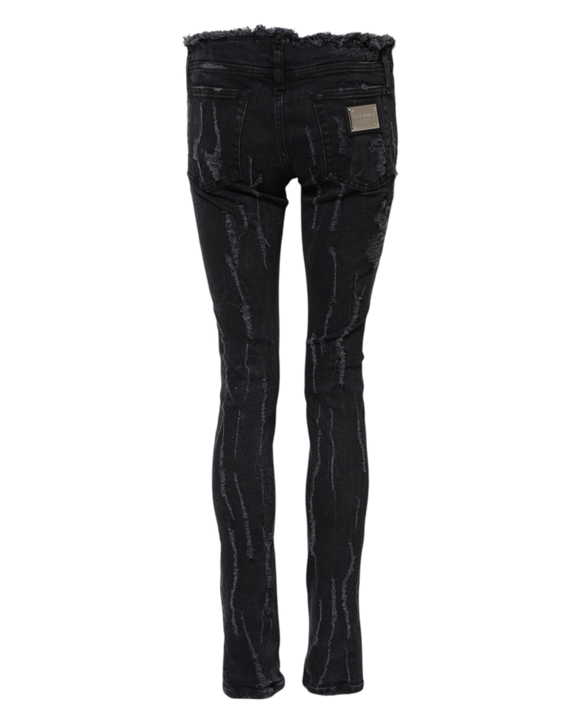 Dolce & Gabbana Black Cotton Tattered Skinny Denim Jeans Dolce & Gabbana