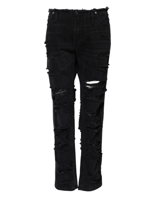 Dolce & Gabbana Black Cotton Tattered Mid Waist Denim Jeans Dolce & Gabbana