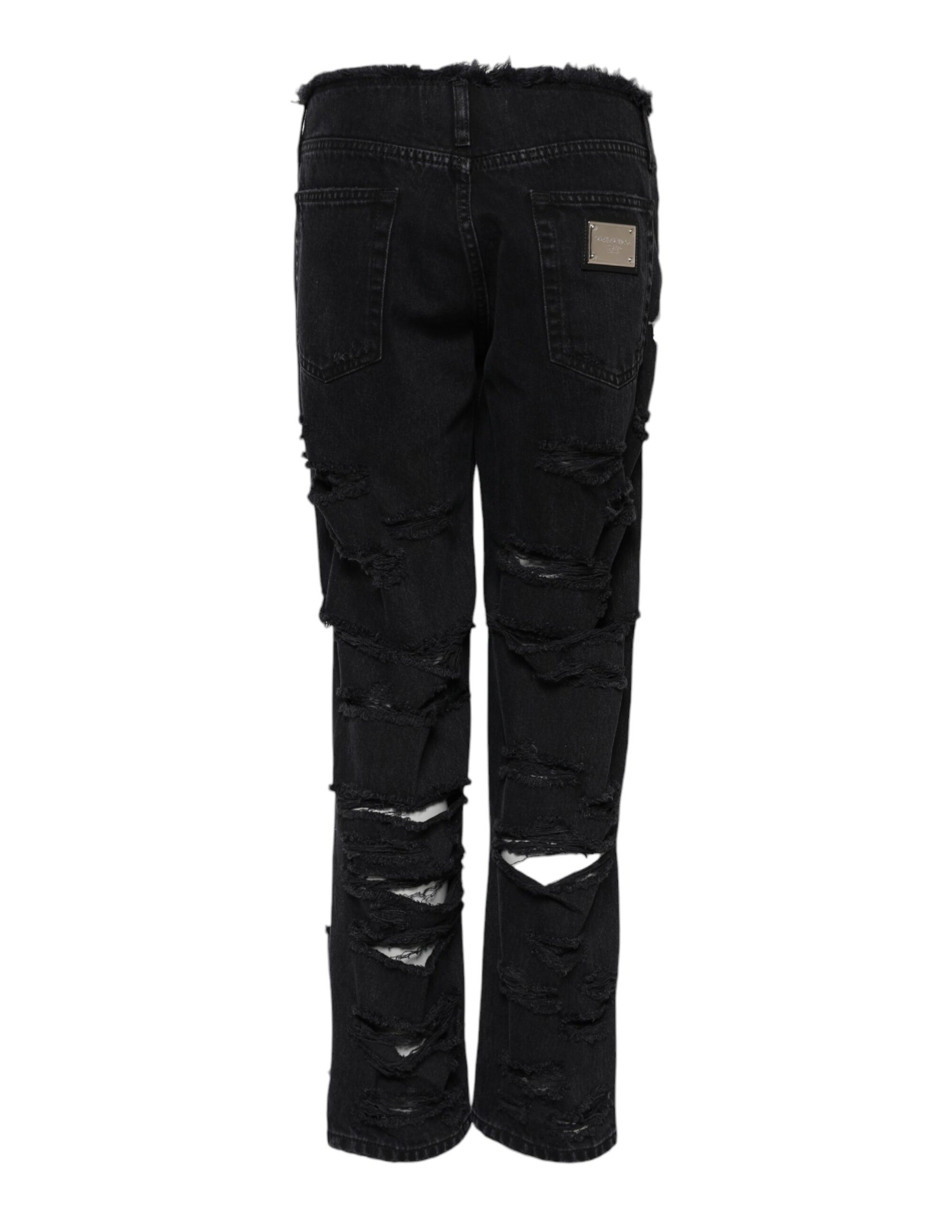 Dolce & Gabbana Black Cotton Tattered Mid Waist Denim Jeans Dolce & Gabbana