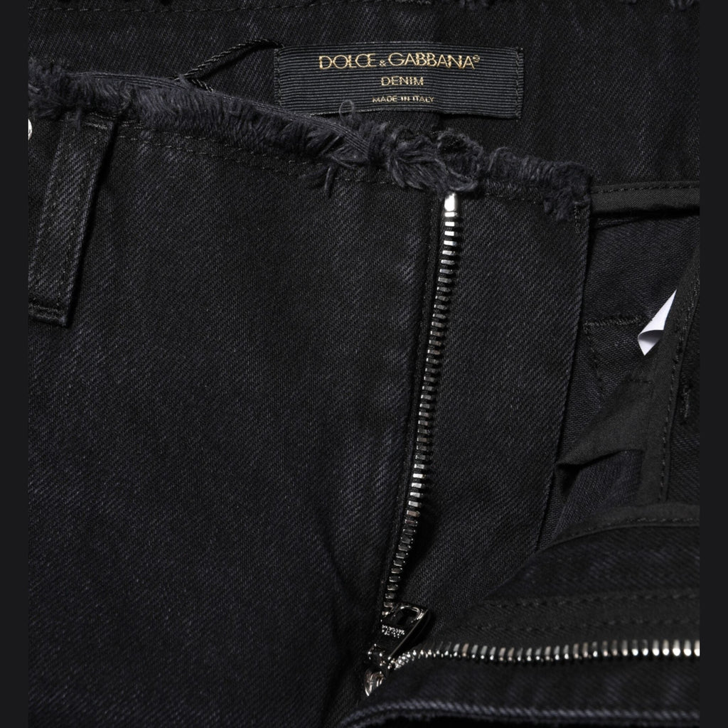 Dolce & Gabbana Black Cotton Tattered Mid Waist Denim Jeans