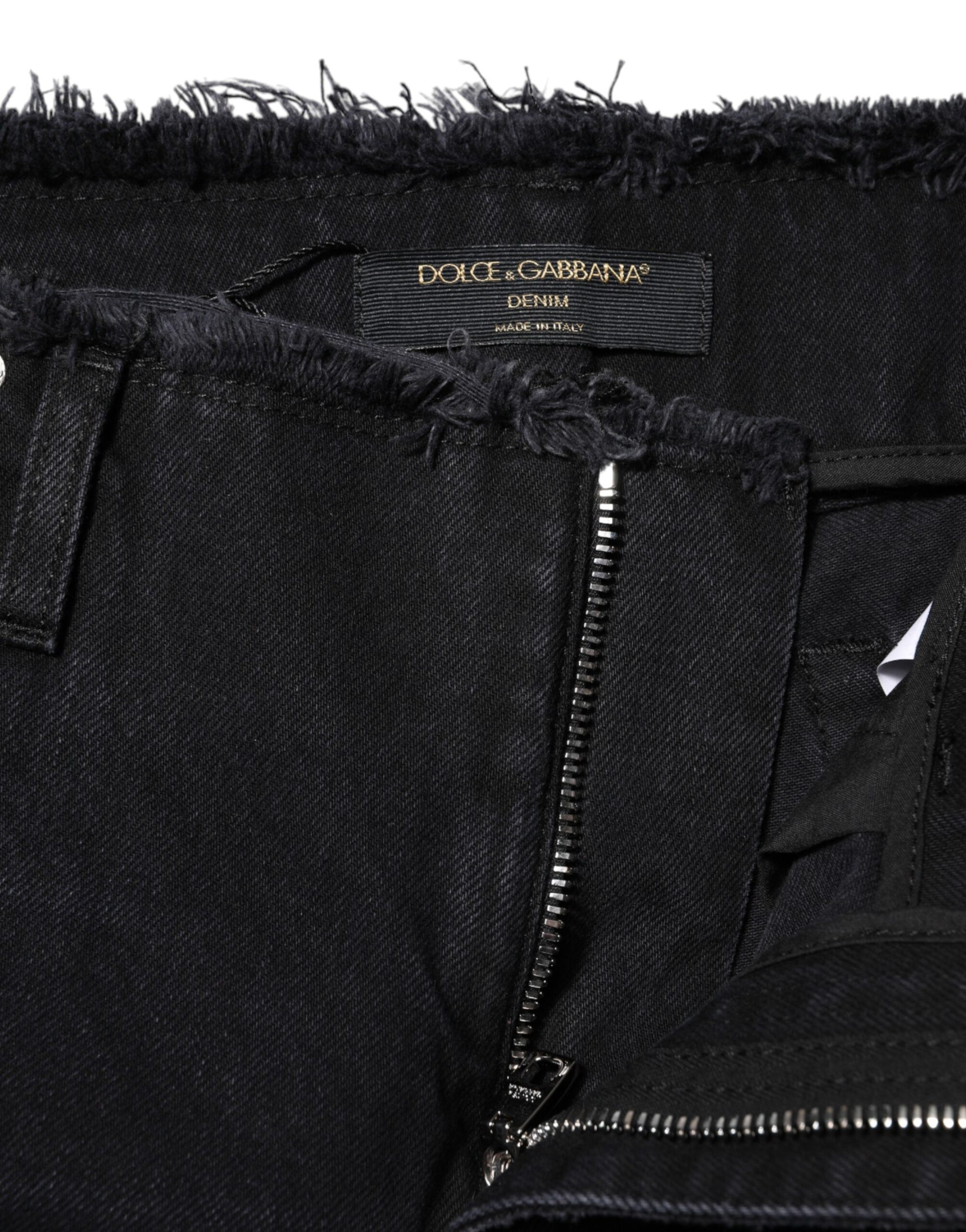 Dolce & Gabbana Black Cotton Tattered Mid Waist Denim Jeans Dolce & Gabbana
