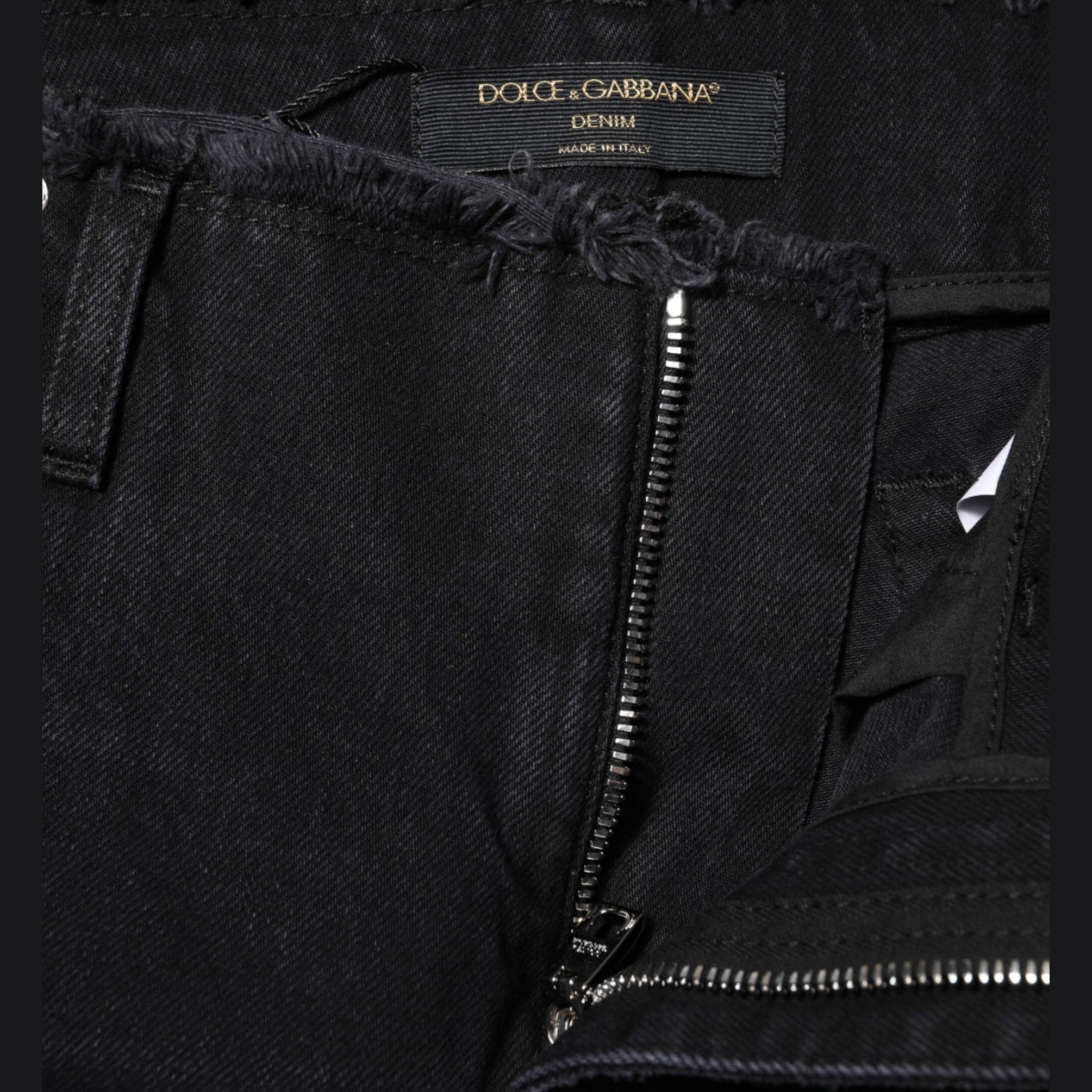 Dolce & Gabbana Black Cotton Tattered Mid Waist Denim Jeans