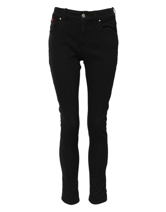 Dolce & Gabbana Black Cotton Logo Skinny Mid Waist Denim Jeans Dolce & Gabbana