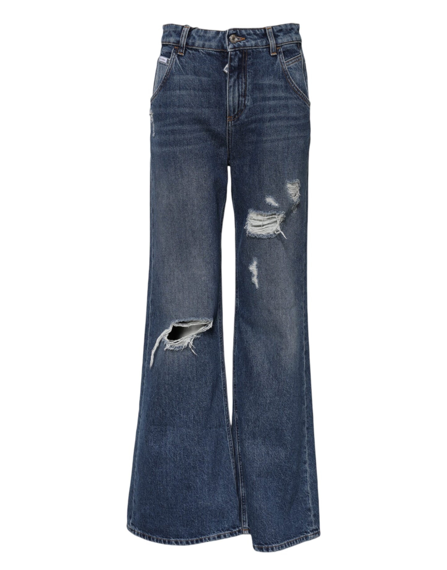 Dolce & Gabbana Blue Cotton Wide Leg Tattered Denim Jeans Dolce & Gabbana