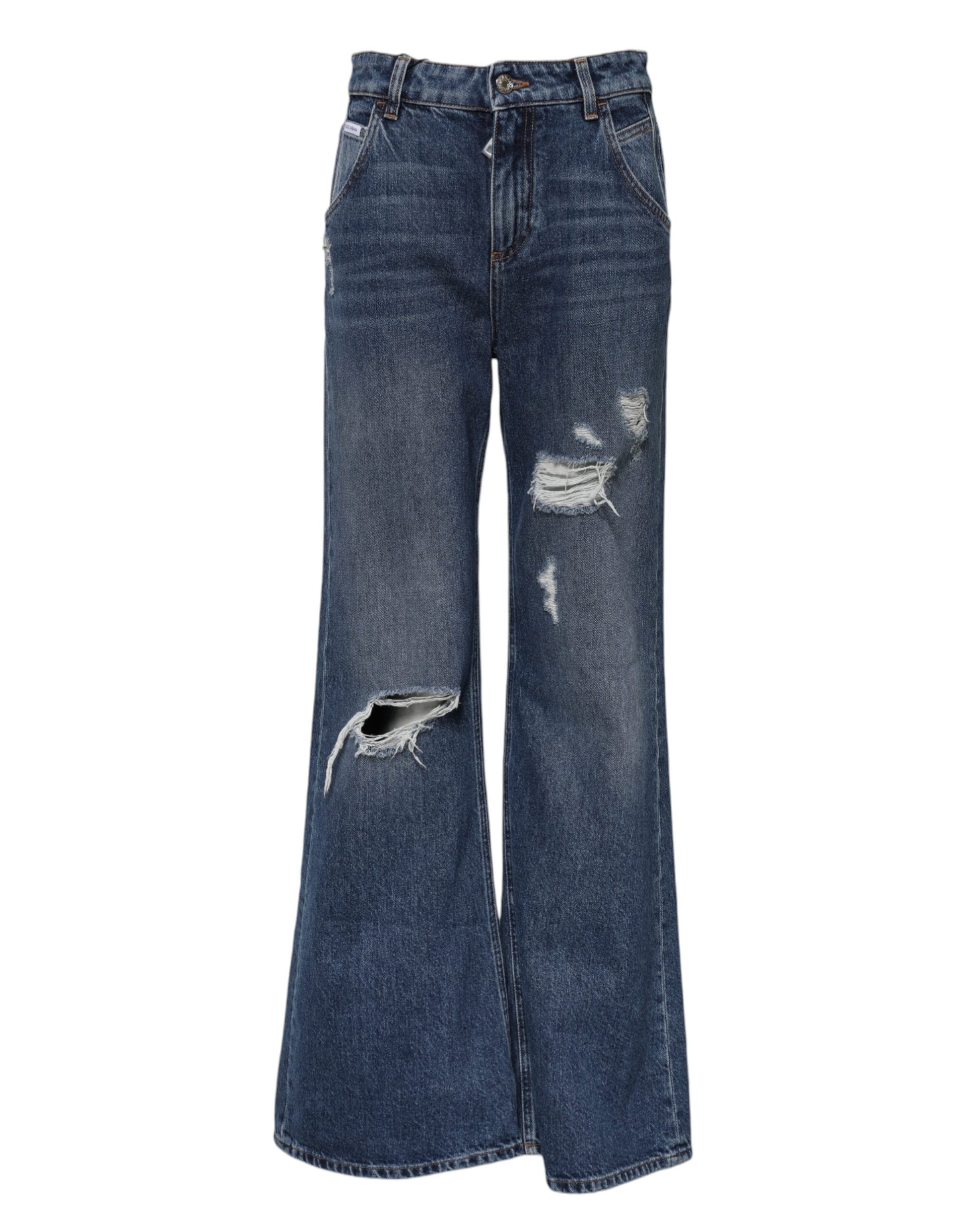 Dolce & Gabbana Blue Cotton Wide Leg Tattered Denim Jeans Dolce & Gabbana