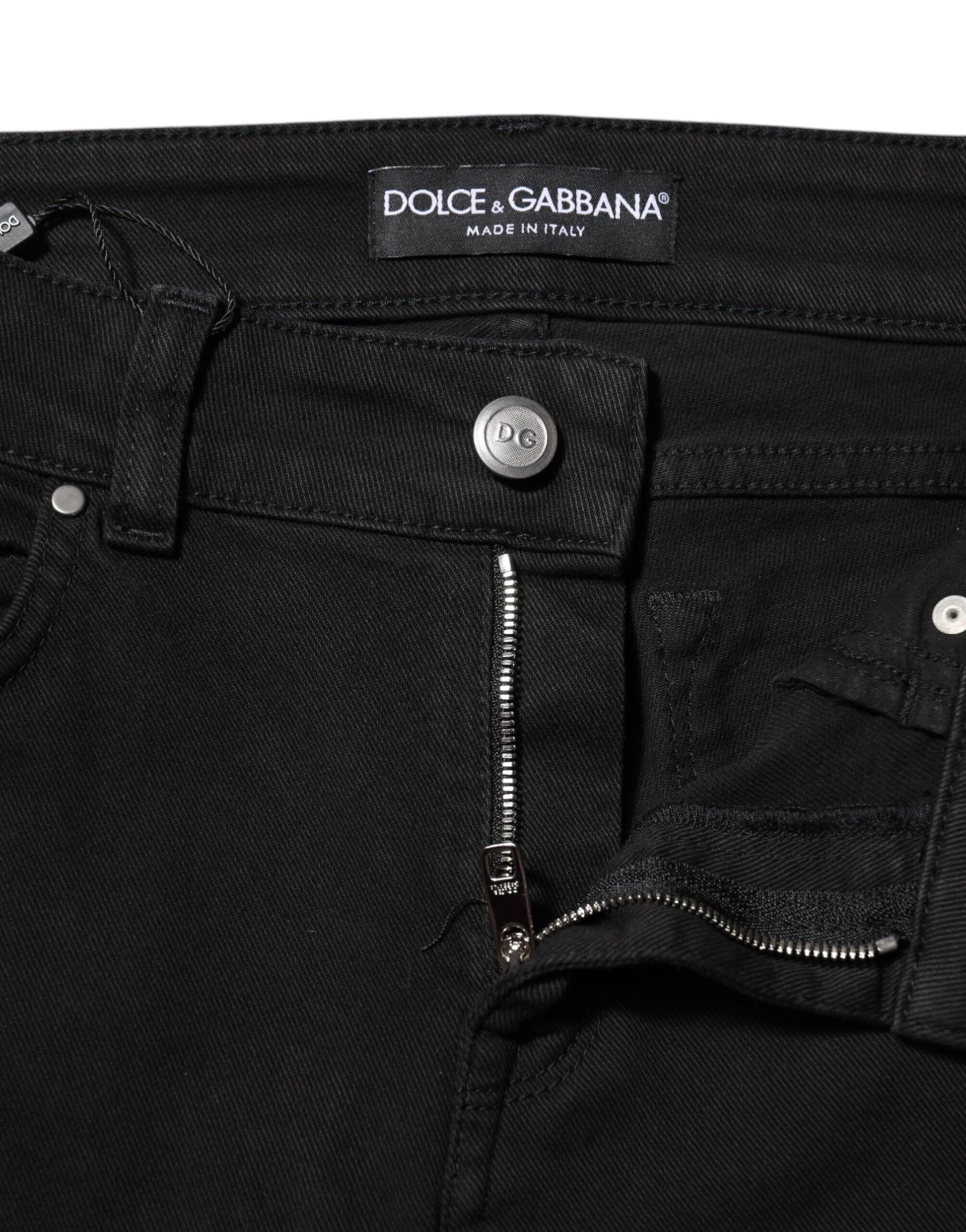 Dolce & Gabbana Black Cotton Logo Skinny Mid Waist Denim Jeans Dolce & Gabbana