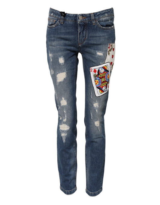 Dolce & Gabbana Blue Play Card Embroidery Skinny Denim Jeans Dolce & Gabbana