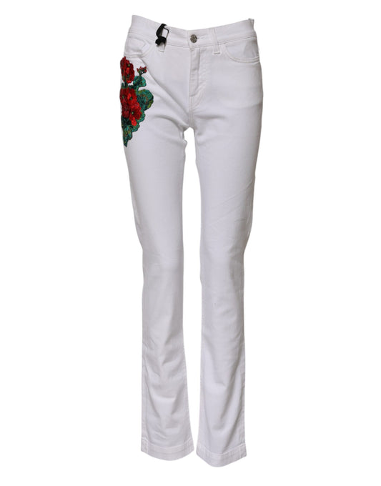 Dolce & Gabbana White Floral Embroidery GIRLY Denim Jeans Dolce & Gabbana