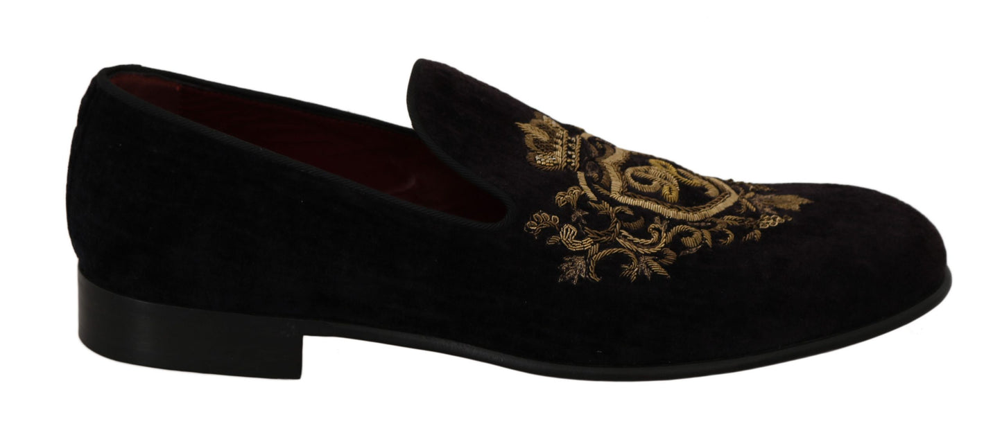 Dolce & Gabbana Loafers Black Velvet Gold Crown Dolce & Gabbana