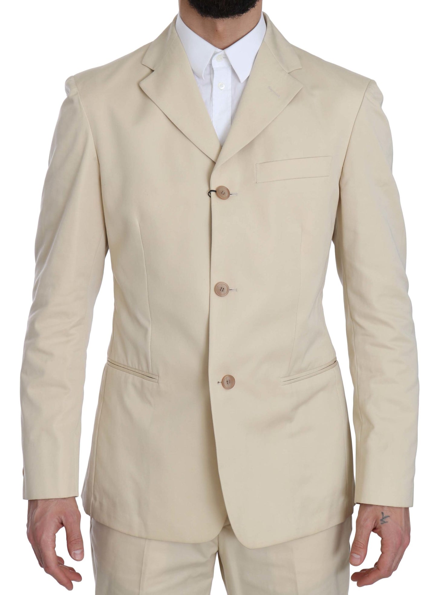 Romeo Gigli Two Piece 3 Button Beige Cotton Solid Suit Romeo Gigli