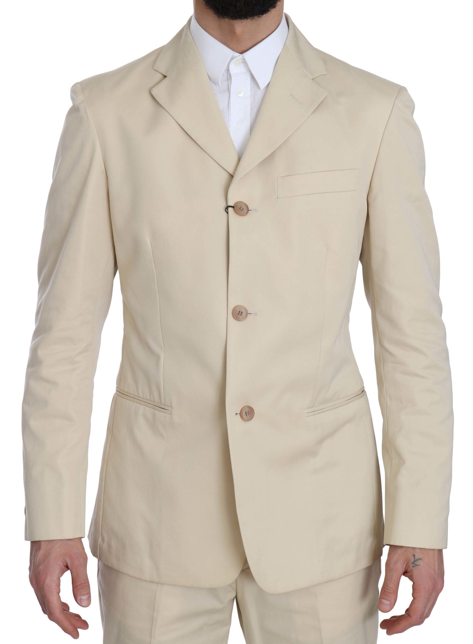 Romeo Gigli Two Piece 3 Button Beige Cotton Solid Suit Romeo Gigli