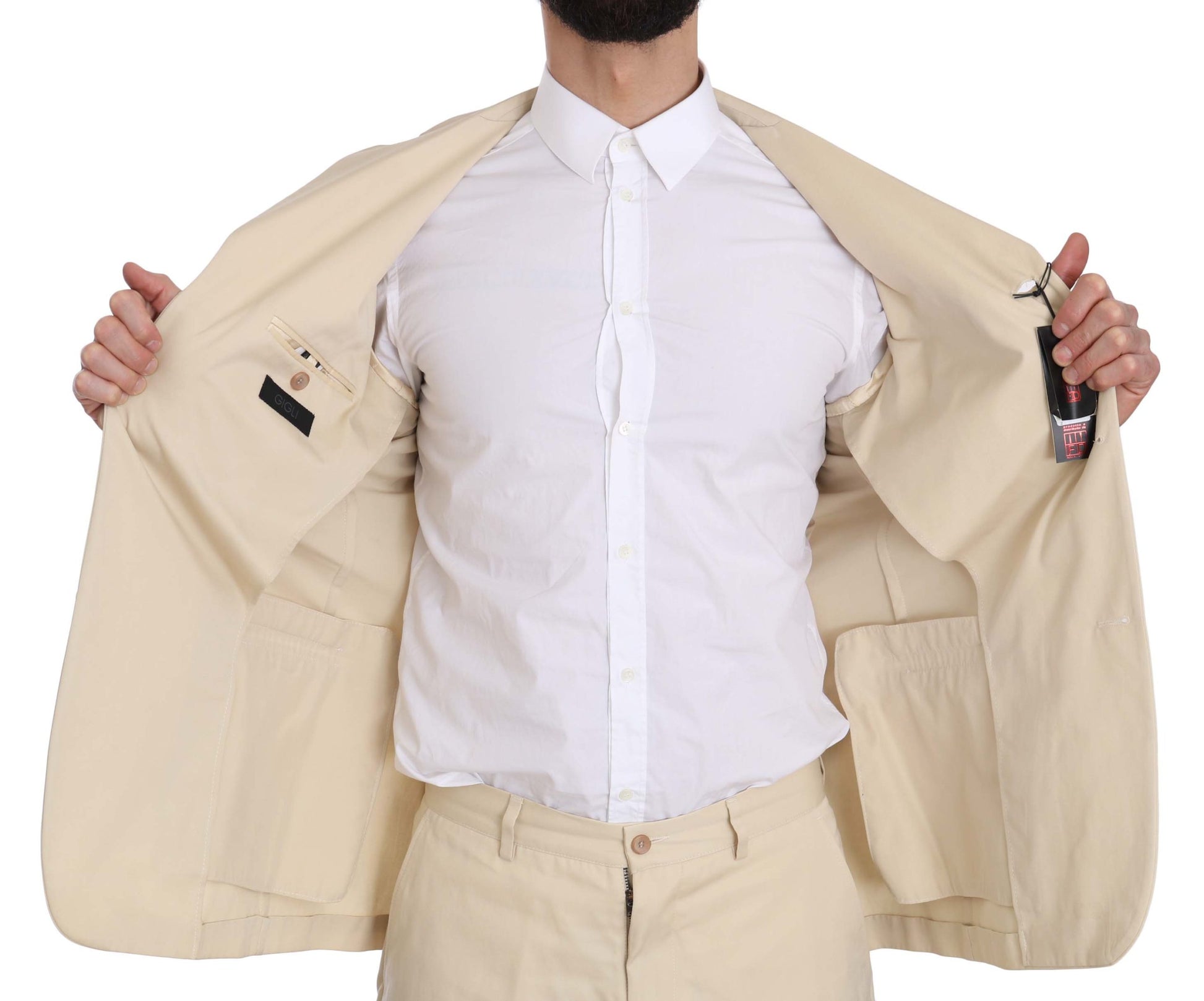 Romeo Gigli Two Piece 3 Button Beige Cotton Solid Suit Romeo Gigli