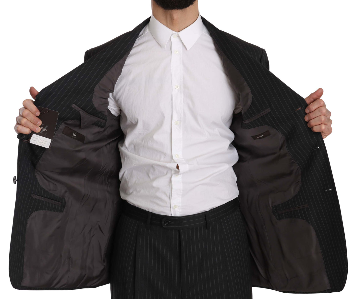 Z ZEGNA Black Striped Two Piece 3 Button 100% Wool Suit Z ZEGNA