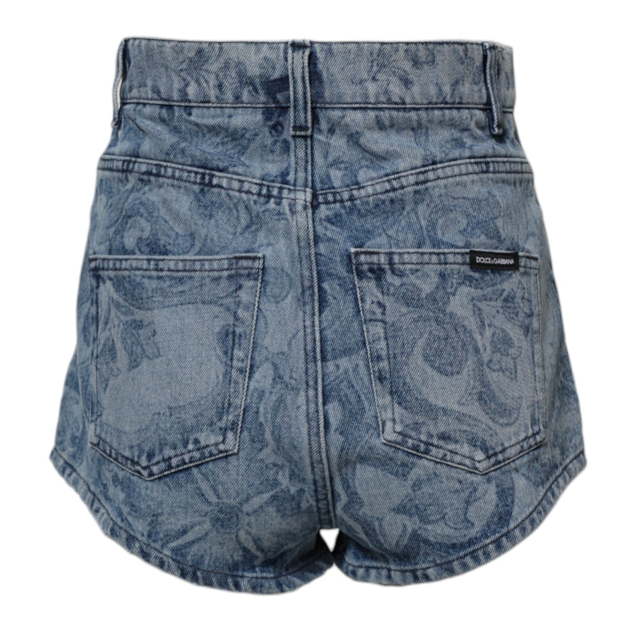Dolce & Gabbana Blue Floral Print Denim Cotton Hot Pants Shorts