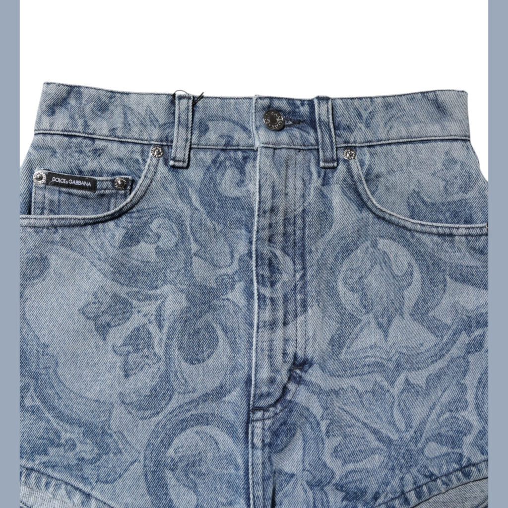Dolce & Gabbana Blue Floral Print Denim Cotton Hot Pants Shorts