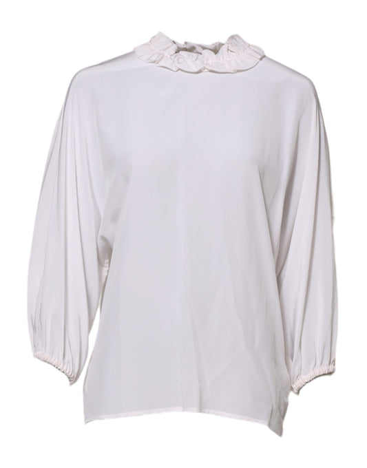 Dolce & Gabbana White Ruffled Neckline Blouse Pullover Top Dolce & Gabbana