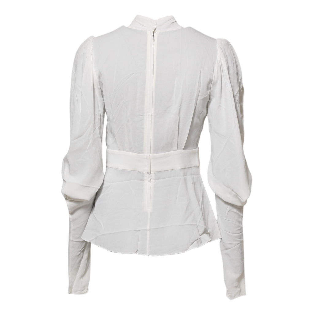 Dolce & Gabbana White Viscose Ascot Collar Long Sleeves Top