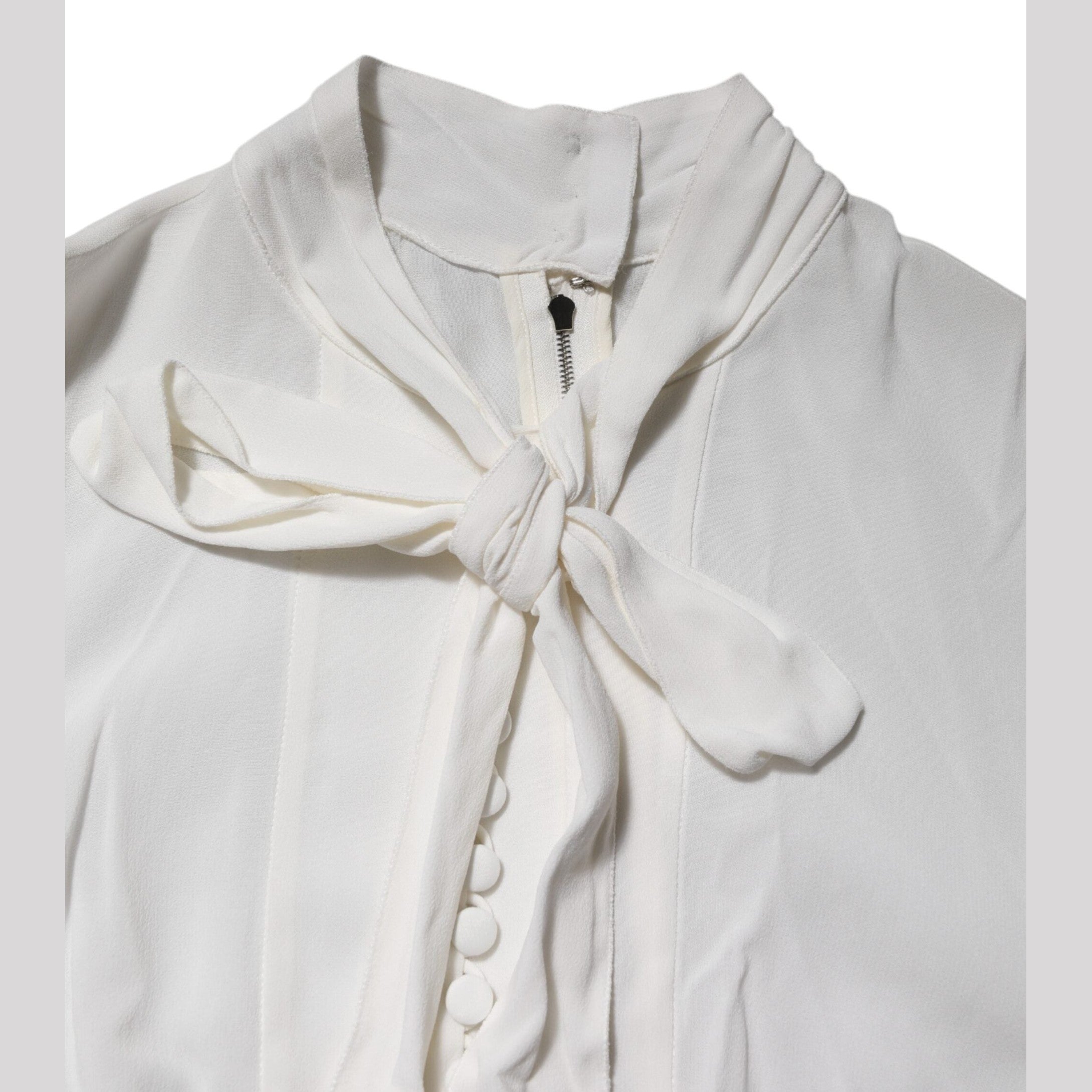 Dolce & Gabbana White Viscose Ascot Collar Long Sleeves Top
