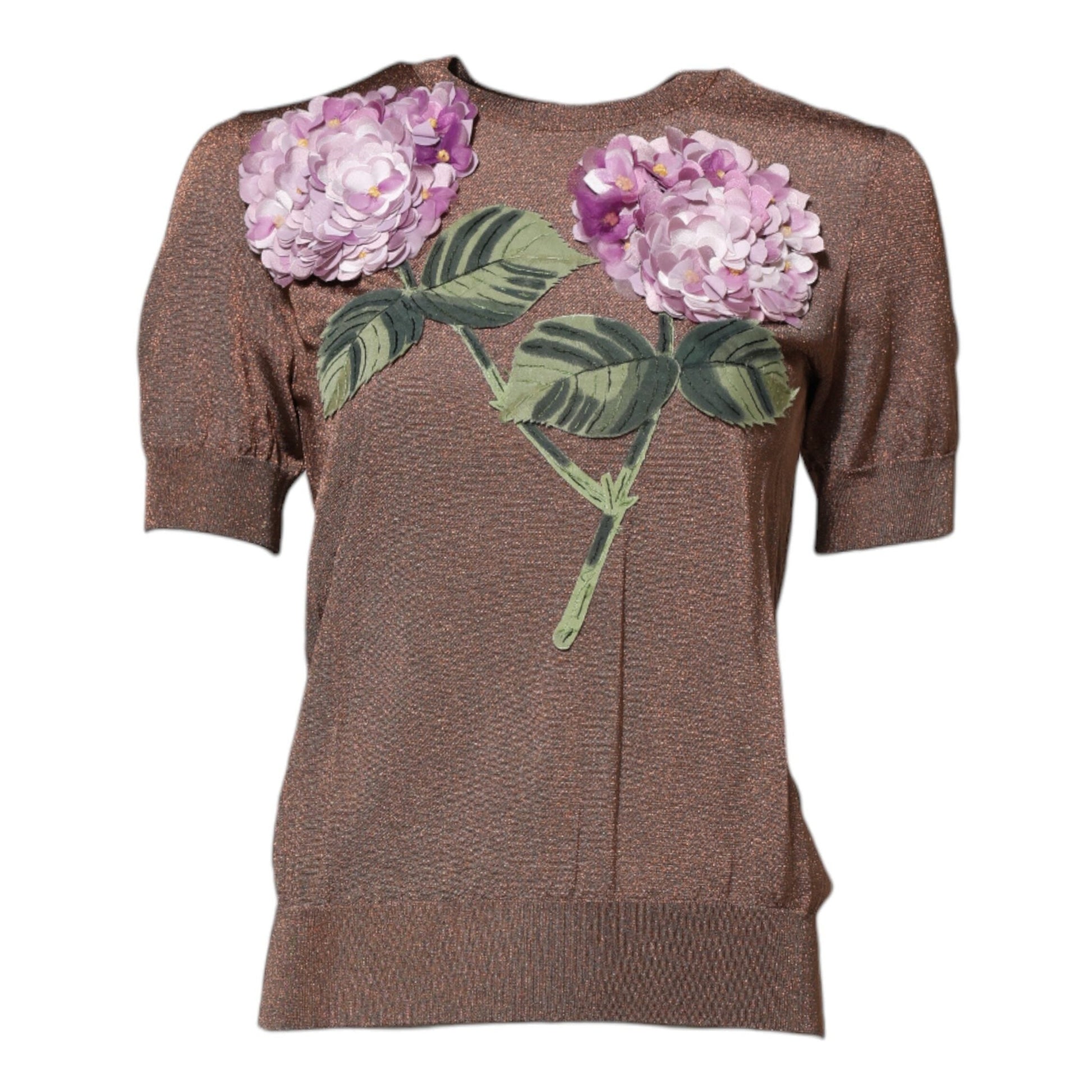 Dolce & Gabbana Brown Lily Embellished Round Neck Blouse Top
