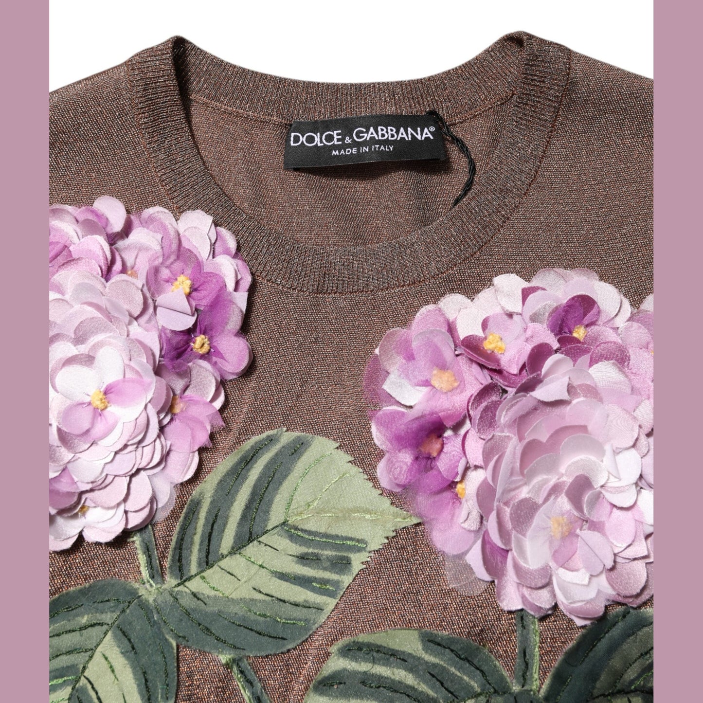 Dolce & Gabbana Brown Lily Embellished Round Neck Blouse Top