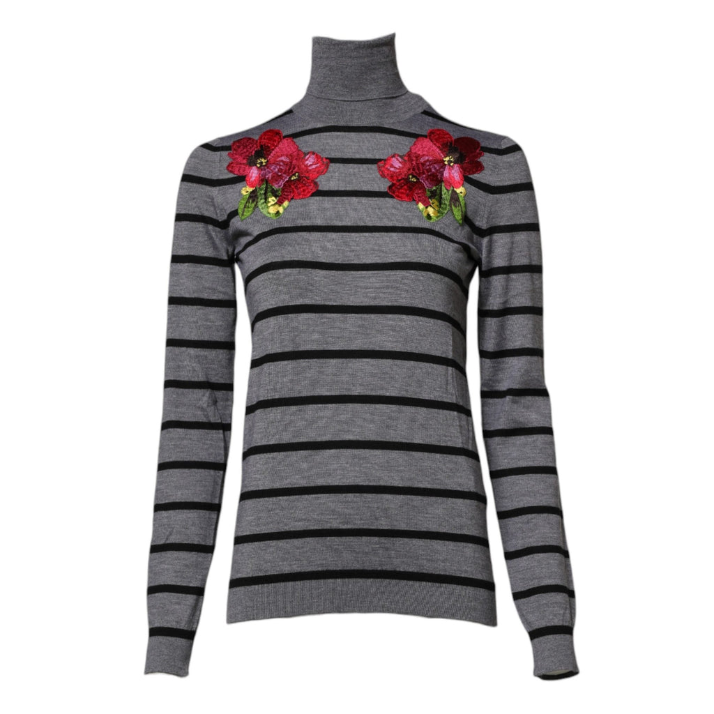 Dolce & Gabbana Gray Floral Embroidery Pullover Sweater