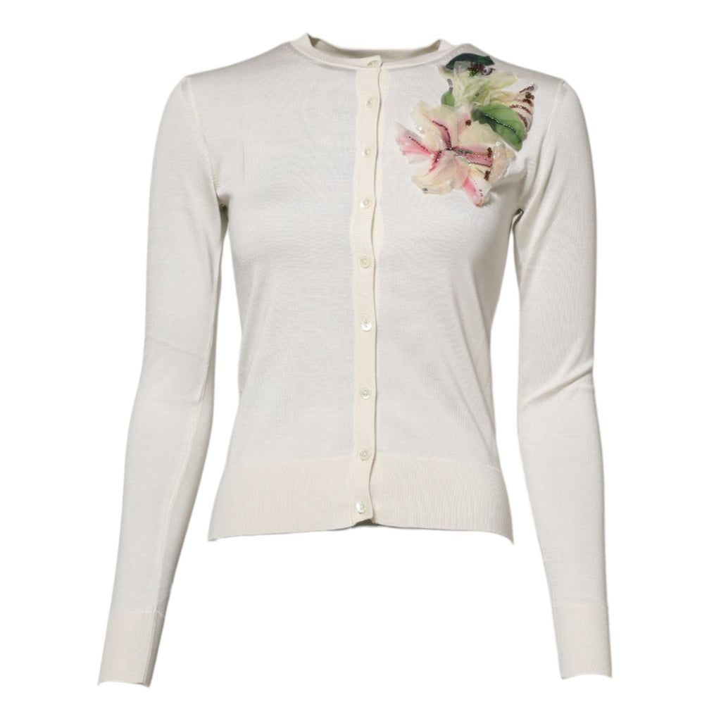 Dolce & Gabbana White Silk Lily Embellished Cardigan Sweater