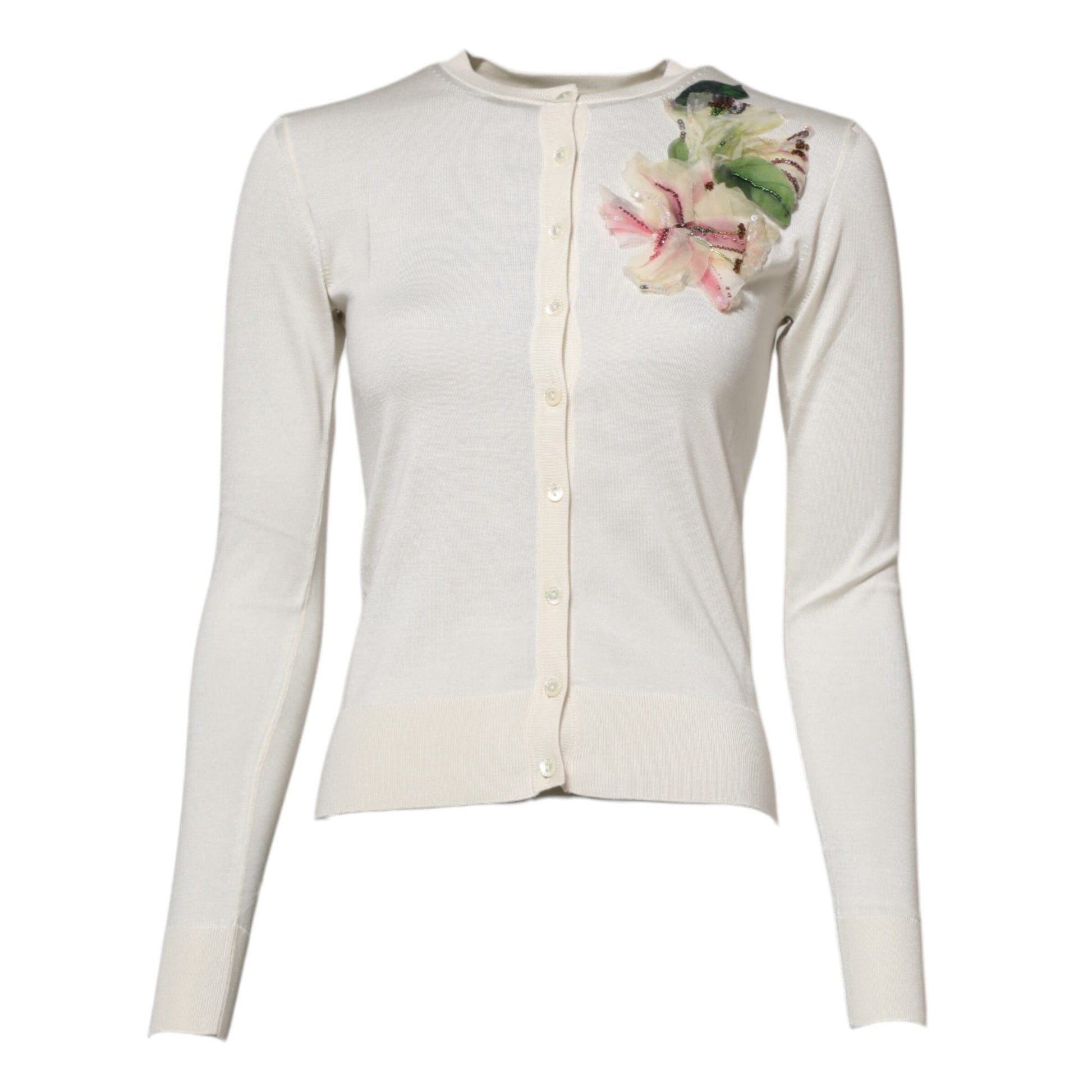 Dolce & Gabbana White Silk Lily Embellished Cardigan Sweater