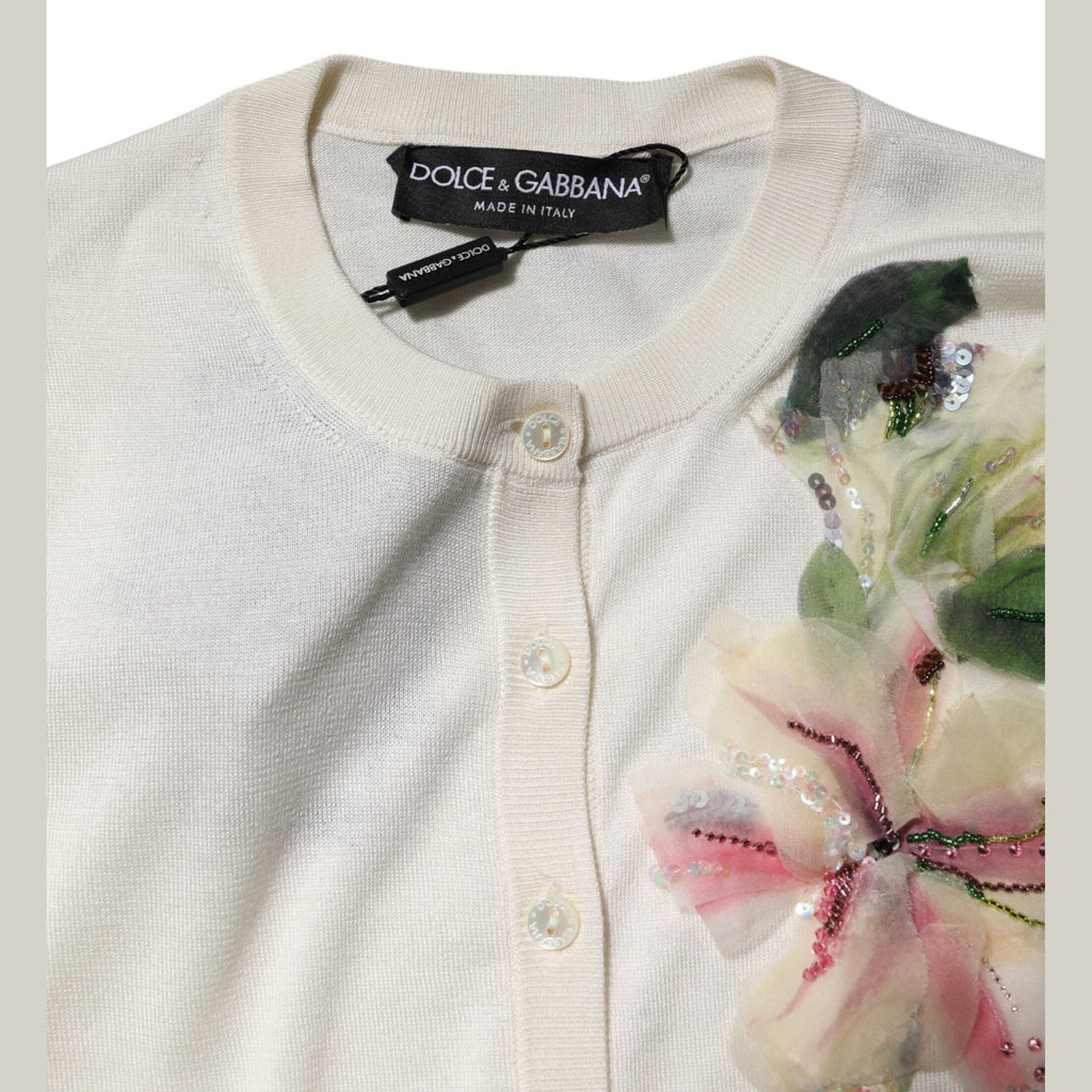Dolce & Gabbana White Silk Lily Embellished Cardigan Sweater