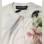 Dolce & Gabbana White Silk Lily Embellished Cardigan Sweater