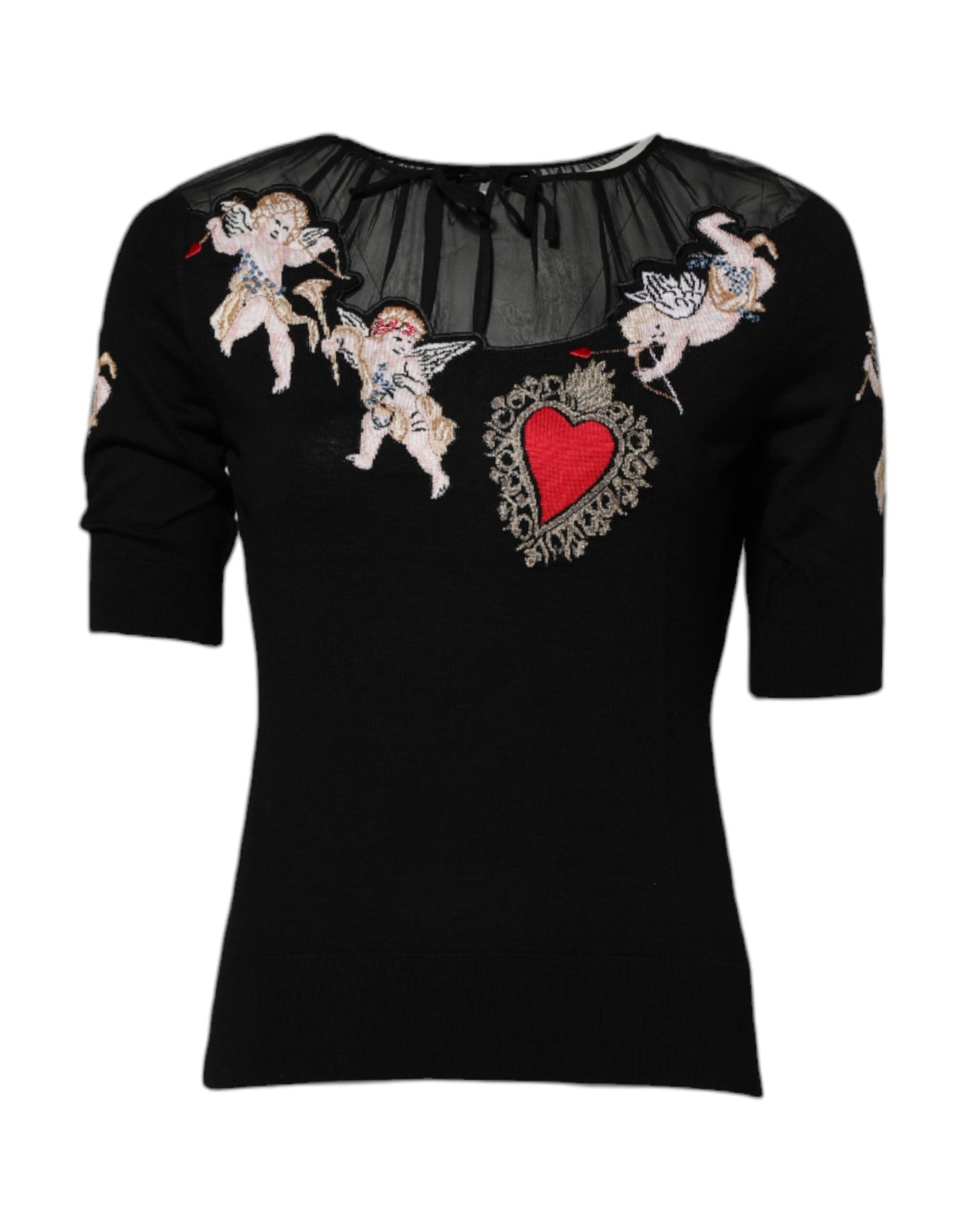 Dolce & Gabbana Black Sacred Heart Embroidered Crewneck Top Dolce & Gabbana