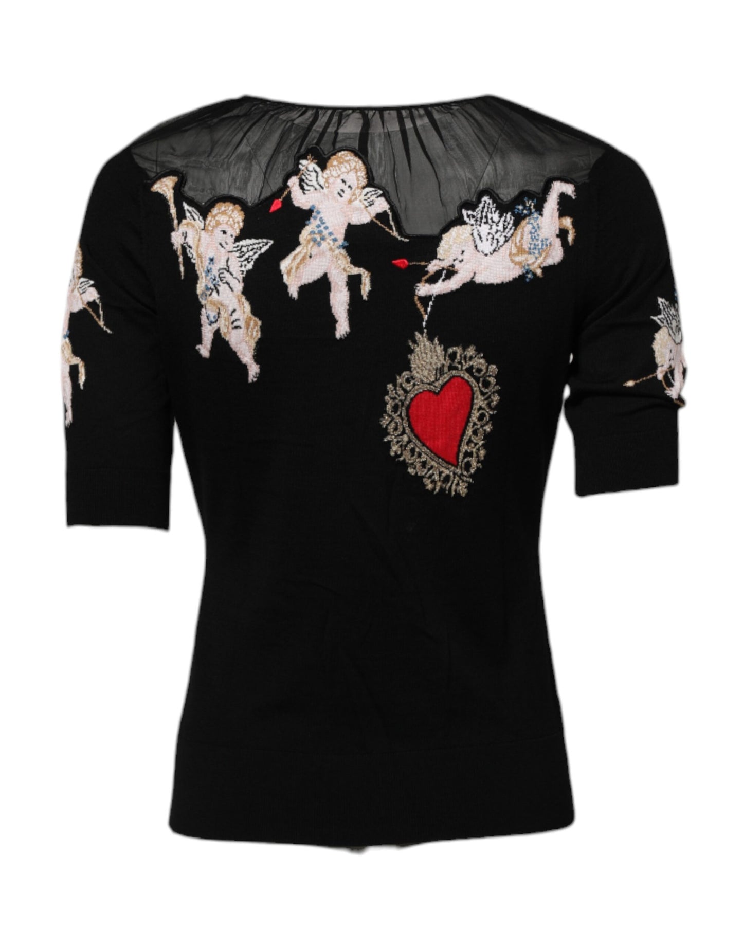 Dolce & Gabbana Black Sacred Heart Embroidered Crewneck Top Dolce & Gabbana